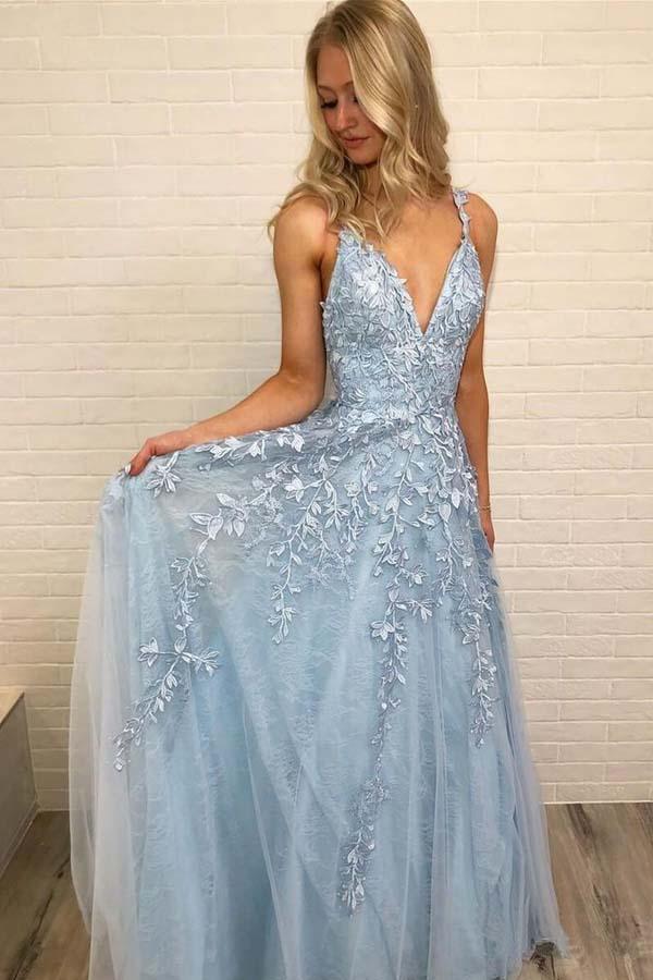 A Line Spaghetti Straps Light Blue Prom Dresses V Neck Lace Appliques Evening Dress WK526