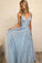 A Line Spaghetti Straps Light Blue Prom Dresses V Neck Lace Appliques Evening Dress WK526