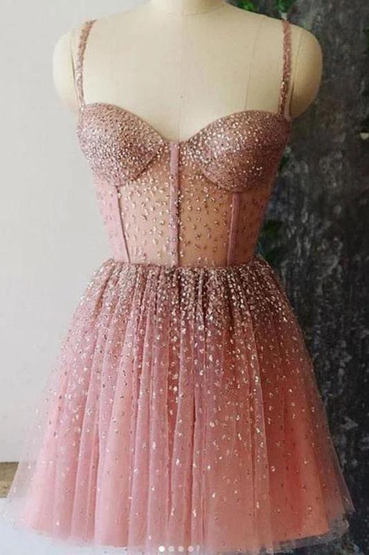 A Line Spaghetti Straps Sweetheart Tulle Beads Homecoming Dresses Short Prom Dresses H1306