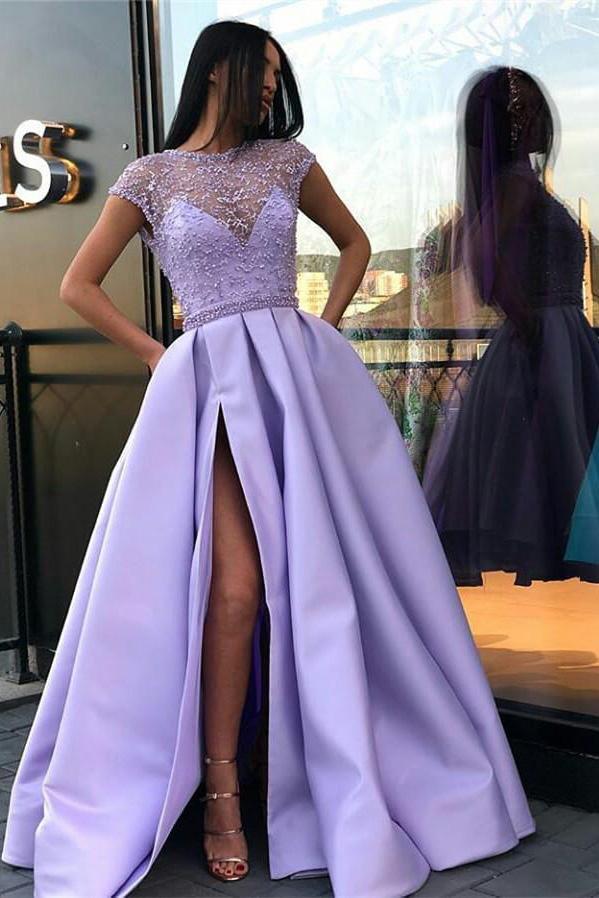 A Line Stunning Satin Beads Cap Sleeves Prom Dresses with High Slit Pockets WK891