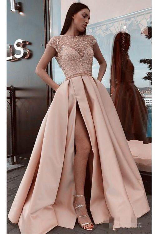 A Line Stunning Satin Beads Cap Sleeves Prom Dresses with High Slit Pockets WK891