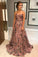 A Line Sweetheart Ruffles Sweep Train Floral Printed Chiffon Prom Dress with Beading WK571