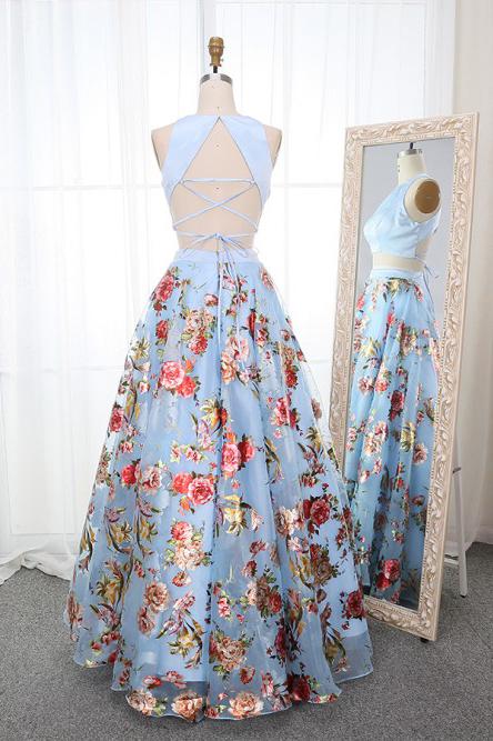 A Line Two Piece Crew Open Back Prom Dresses Light Blue Printed Evening Dresses WK846