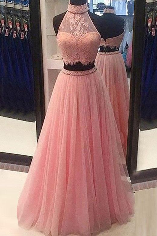A Line Two Pieces Halter Long Pink Tulle Backless Prom Dress with Beading Lace P1073