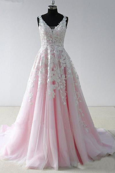 A Line V Neck Lace Appliques Pink Long Prom Dresses Backless Cheap Prom Dresses WK437