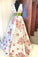 A Line V Neck Straps Floral Print Deep V Neck Ivory Prom Dresses Long Evening Dresses P1032