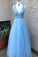 A Line V Neck Tulle Light Blue Prom Dresses Floor Length Beads Evening Gowns WK528