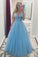A Line V Neck Tulle Light Blue Prom Dresses Floor Length Beads Evening Gowns WK528