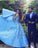 A line Blue Half Sleeve Satin Beads Prom Dresses Sweetheart Lace Appliques Formal Dress WK551