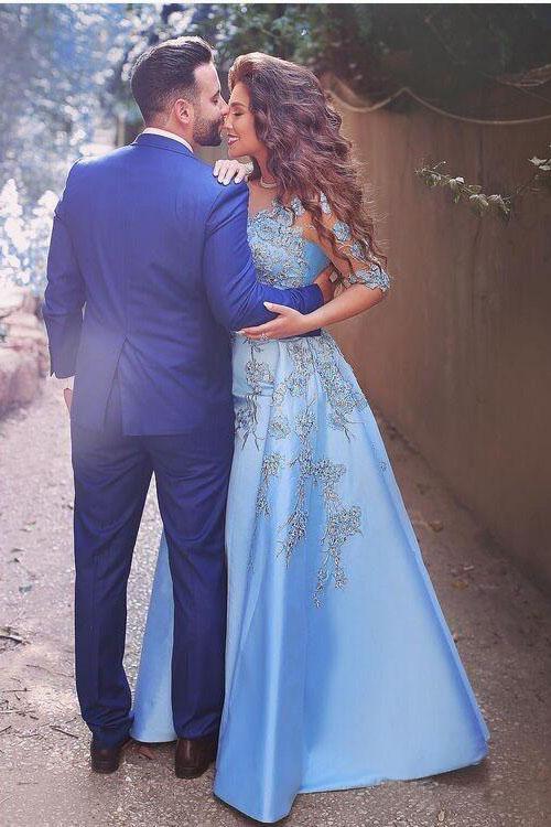 A line Blue Half Sleeve Satin Beads Prom Dresses Sweetheart Lace Appliques Formal Dress WK551