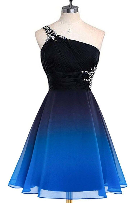 A line Blue One Shoulder Beads Short Prom Dresses Chiffon Homecoming Dresses WK853