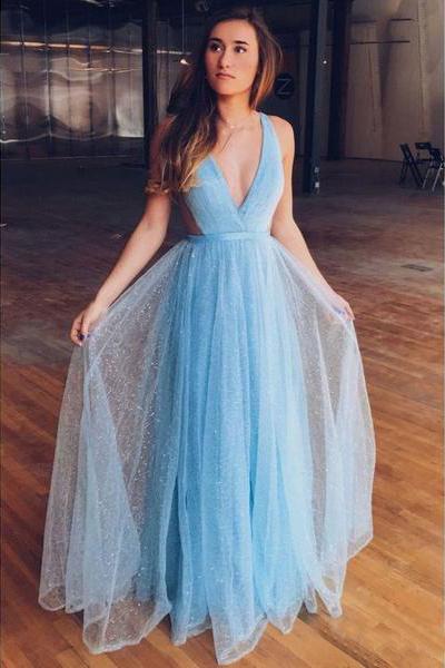 A line Blue Tulle Straps Prom Dresses Floor Length Long Cheap Evening Dresses WK680