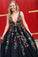 A line Deep V Neck Backless Lace Prom Dresses Black Evening Dress with Appliques WK597