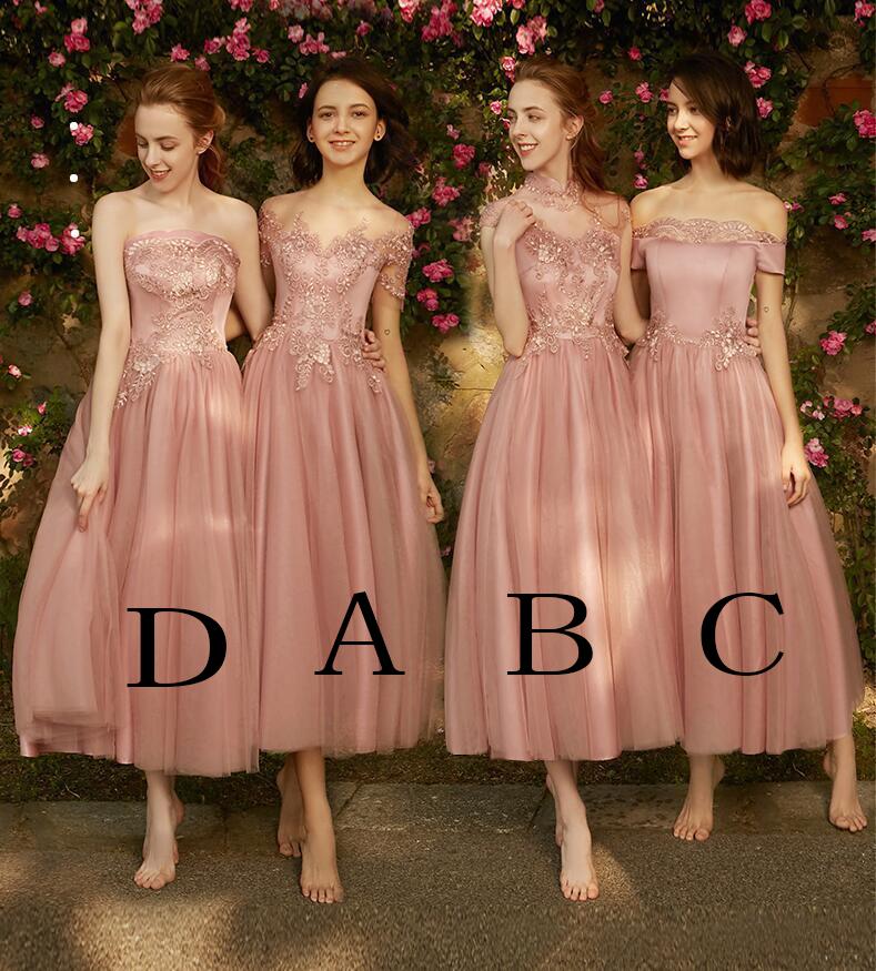 A line Dusty Pink Short Sleeve Bridesmaid Dresses Lace Tulle Prom Dresses WK807