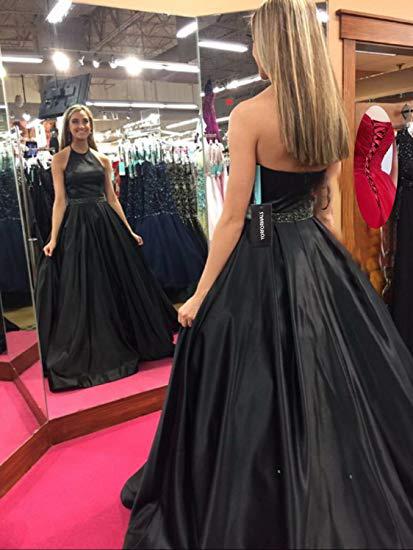 A line Halter Navy Blue Beads Prom Dresses with Pockets Long Evening Dresses WK566