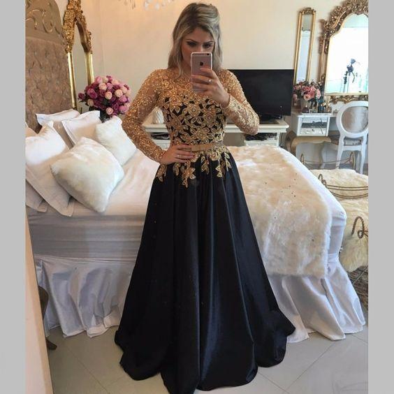 A line Lace Black Puffy Pearls Gold Evening Dresses Long Sleeve Appliques Prom Dresses WK664