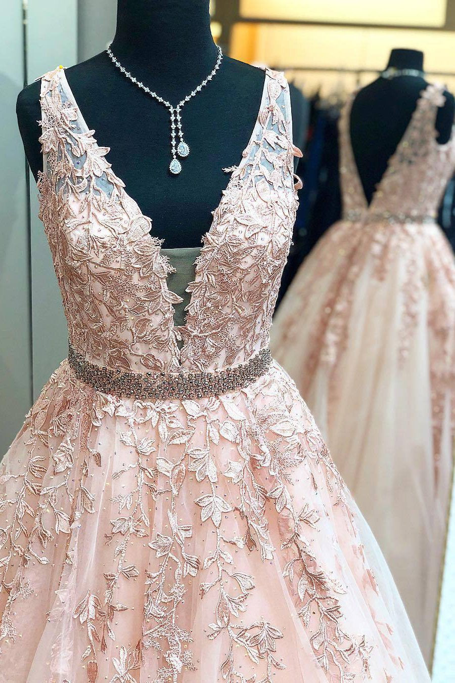 A line Lace V Neck Pink Prom Dresses with Appliques Long Cheap Evening Dresses WK730