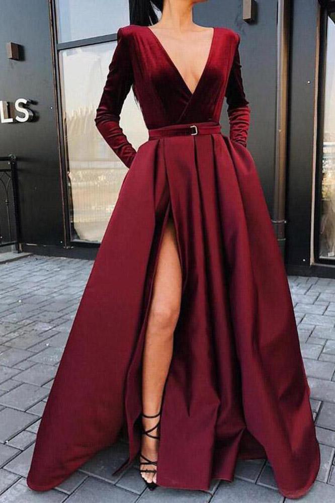 A line Long Sleeve Burgundy Prom Dresses Satin Deep V Neck High Slit Evening Dress WK650