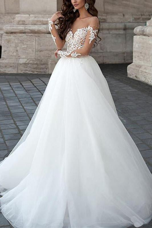 A line Long Sleeve Tulle White Lace Appliques Wedding Dresses Long Wedding Gowns WK561