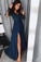 A line Navy Blue Long Sleeve Sweetheart Prom Dresses Slit Long Evening Dresses WK525