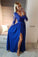 A line Navy Blue Long Sleeve Sweetheart Prom Dresses Slit Long Evening Dresses WK525