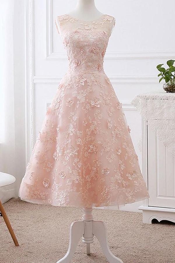 A line Pink Lace Appliques Cap Sleeve Scoop Homecoming Dresses, Short Prom Dress PW864