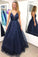 A line Spaghetti Straps V Neck Prom Dresses Sparkly Navy Blue Long Evening Dresses WK621