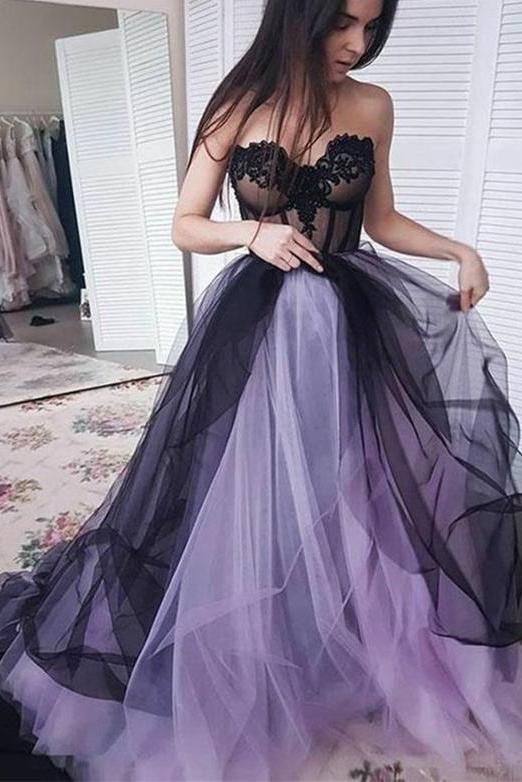 A line Sweetheart Strapless Tulle Sleeveless Lilac Prom Dresses With Appliques Formal Dress WK462