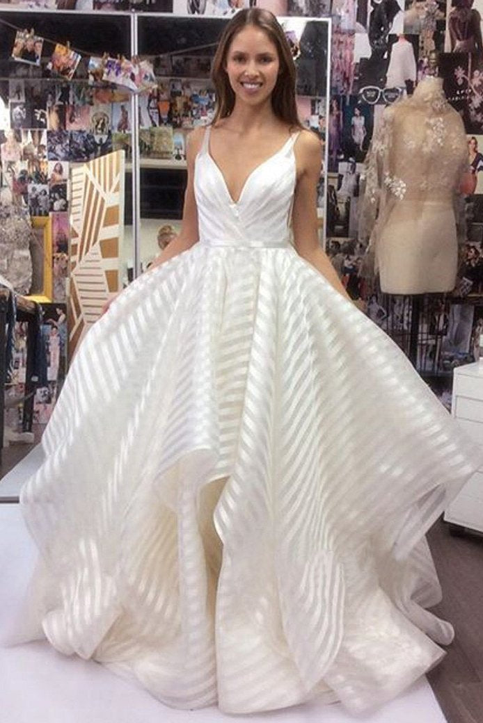 A line V Neck Spaghetti Straps Prom Dresses with Ruffles Long Wedding Dresses WK595