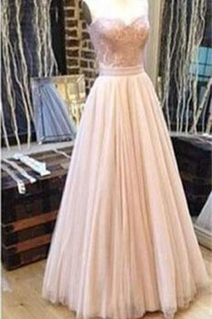 Sweetheart A-line Tulle Charming Lace Strapless Pink Sleeveless Backless Long Prom Dresses WK26