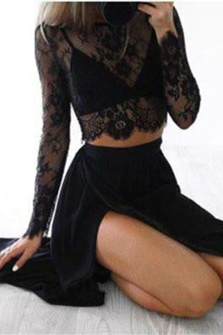 Black Long Sleeves Sexy Slit Two-piece Cheap A-line High Neck Lace Chiffon Prom Dresses WK868