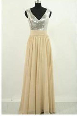 Champagne Nude Chiffon Long Off the Shoulder V-Neck Sequin Beads Bodice Prom Dresses WK07