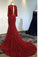 Sexy Mermaid 3/4 Sleeve V Neck Open Back Beads Burgundy Long Cheap Prom Dresses WK258