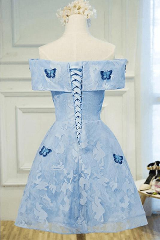 Cute A Line Sky Blue Lace Butterfly Appliques Off the Shoulder Homecoming Dresses WK977