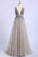 Backless Grey V Neck Sexy Prom Dresses with Slit Rhinestone See Through Evening Gowns P1105