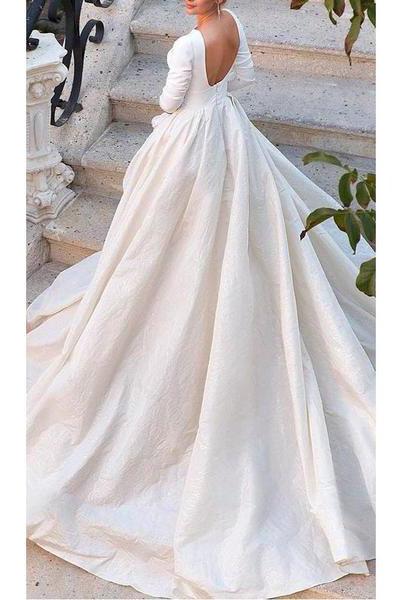 Backless Long Sleeve Ivory Wedding Dresses Modest 3/4 Sleeve Wedding Gowns WK432