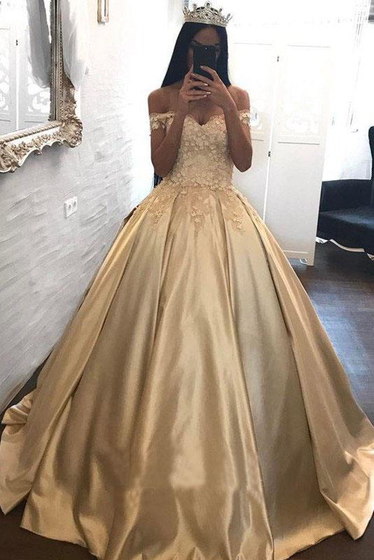 Ball Gown Champagne Gold Satin Quinceanera Dresses Appliques Lace Prom Dresses WK933