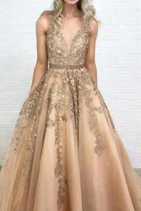 Ball Gown Gold Lace Long Prom Dresses with Appliques V Neck Tulle Evening Dresses WK589