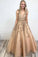 Ball Gown Gold Lace Long Prom Dresses with Appliques V Neck Tulle Evening Dresses WK589