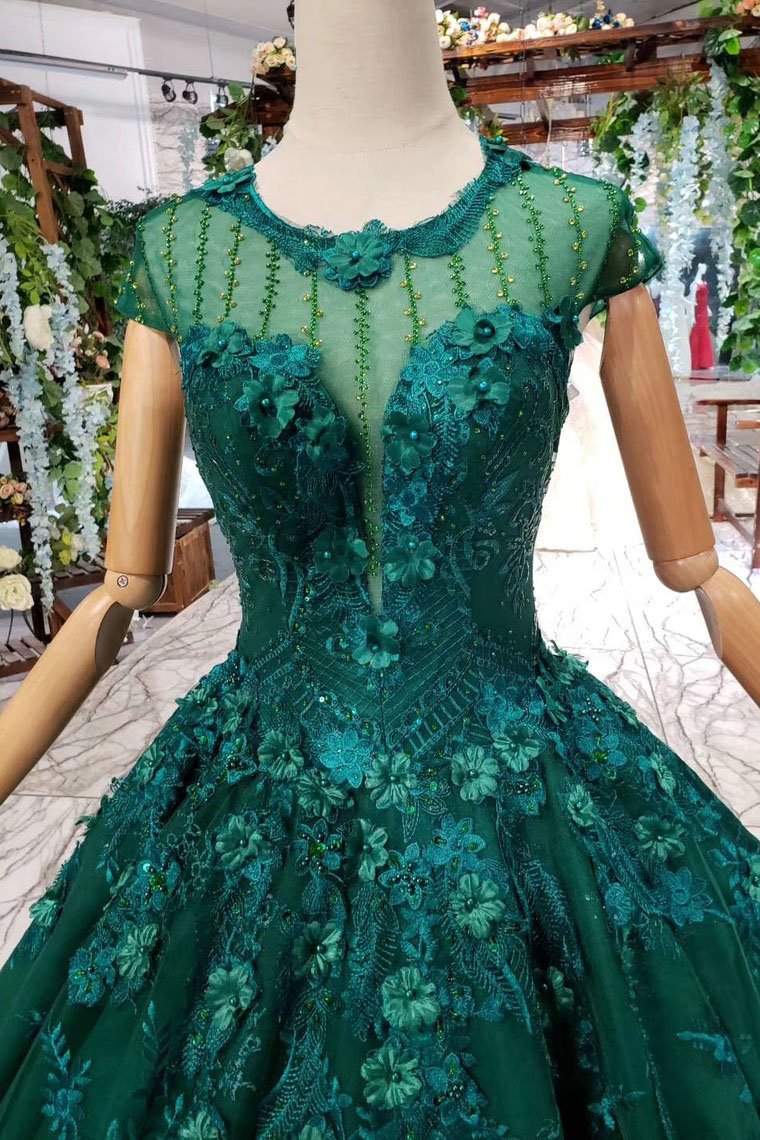 Ball Gown Green Court Train Scoop Lace Appliques Cap Sleeves Lace up Prom Dresses WK787