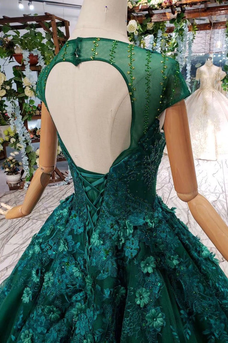 Ball Gown Green Court Train Scoop Lace Appliques Cap Sleeves Lace up Prom Dresses WK787