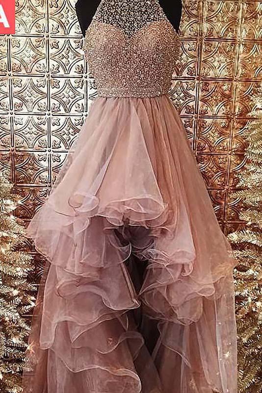 Ball Gown Halter High Low Prom Dresses Beading Asymmetrical Tulle Evening Dresses WK501