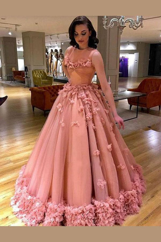 Ball Gown High Neck Pink Appliques Tulle Quinceanera Dresses Long Dance Dresses WK715