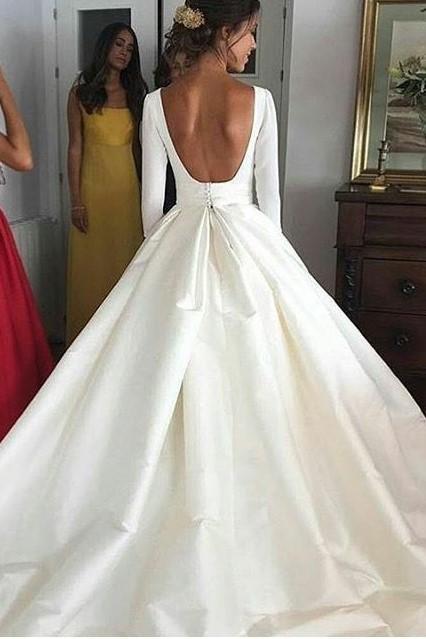 Ball Gown Long Sleeve Backless Ivory Wedding Dresses Long Cheap Bridal Dresses WK655