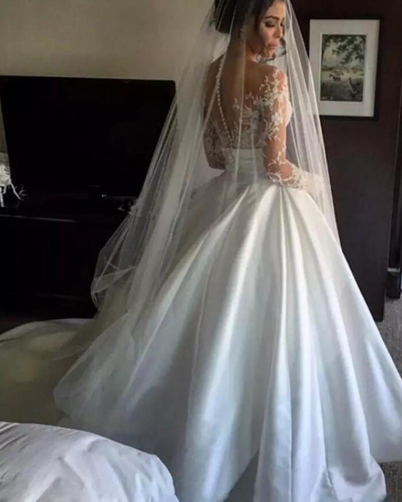 Ball Gown Long Sleeve Ivory Satin Wedding Dresses with Lace Long Bridal Dresses WK721