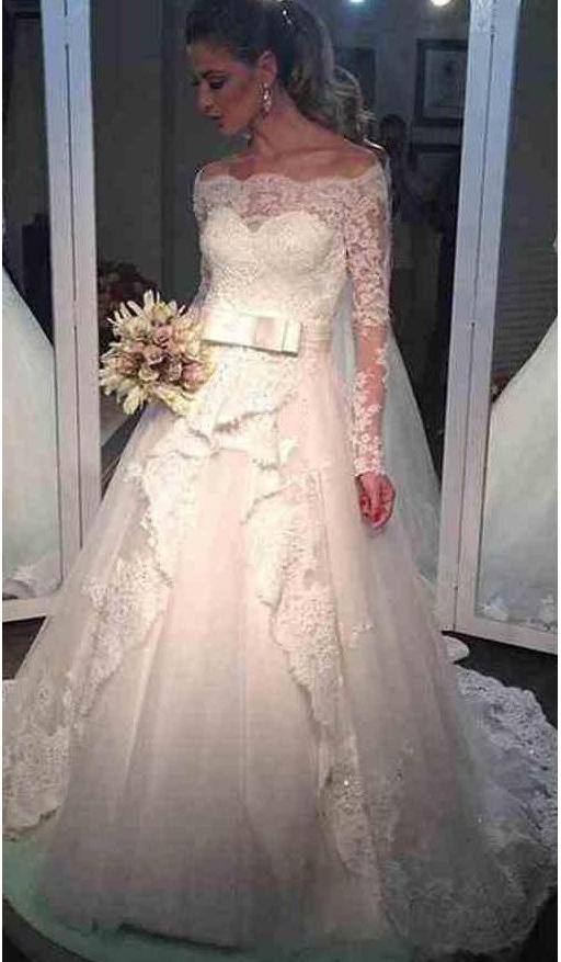 Ball Gown Long Sleeve Off the Shoulder Wedding Dresses Lace Appliques Bridal Dresses W1034