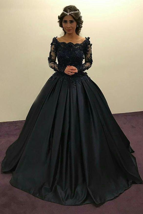 Ball Gown Long Sleeves Navy Blue With Lace Prom Dress Quinceanera Dresses WK450