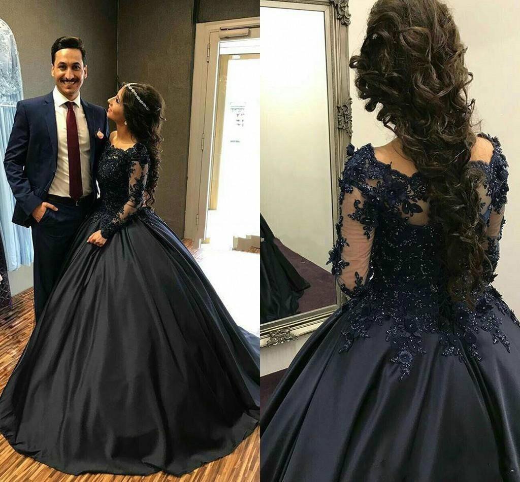 Ball Gown Long Sleeves Navy Blue With Lace Prom Dress Quinceanera Dresses WK450