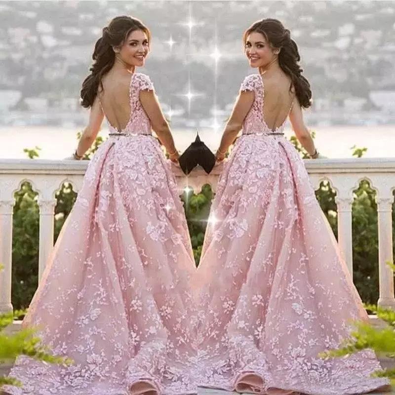 Ball Gown Mermaid Pink Lace Appliques Tulle Cap Sleeve Backless Prom Dresses WK761