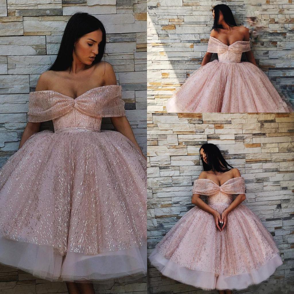 Ball Gown Off the Shoulder Homecoming Dress Pink Tea Length Prom Dresses WK739